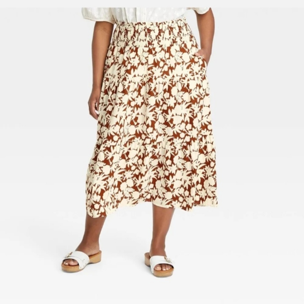 4X Plus Size Cotton Skirt High-Rise Tiered Midi‎ A-Line Floral Cotton Skirt NEW
